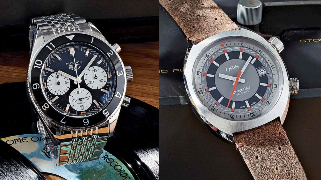 Der Chronograph Autavia Calibre 02 von TAG Heuer und das Modell Chronoris Date von Oris sind gestalterisch Kinder der 1960er Jahre.
