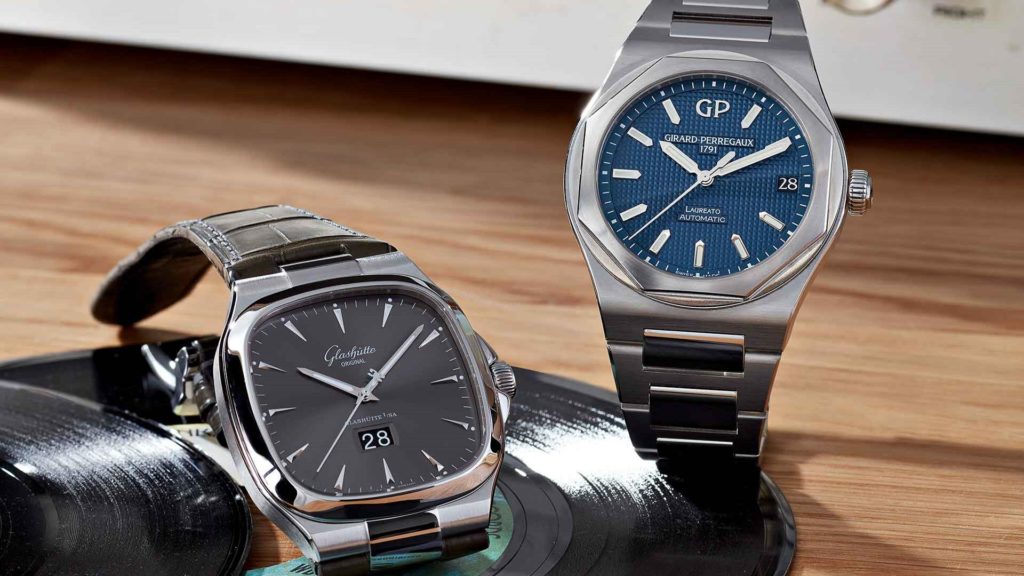 Duett aus den 1970er Jahren: Seventies Panoramadatum von Glashütte Original und Laureato 42mm Automatik von Girard-Perregaux.