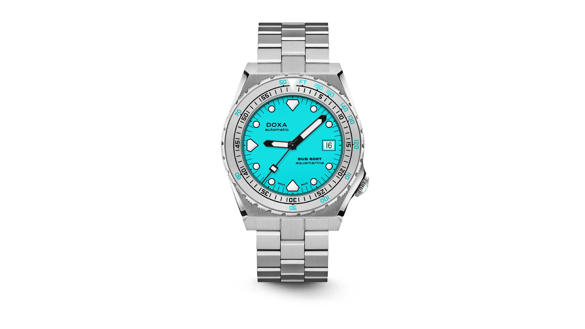 DoxaSub600T-Uhr des Monats März 2022 auf Armbanduhren, hier das Modell Türkis, Aquamarine