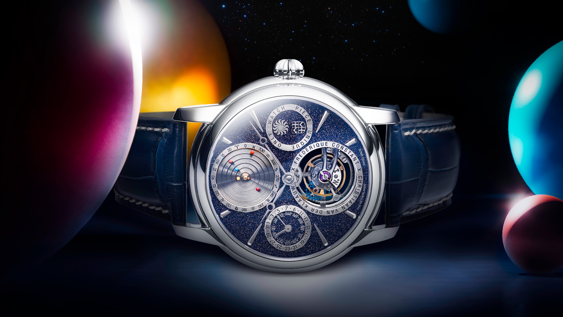 Zusammen mit Christiaan van der Klaauw hat Frederique Constant eine faszinierende astronomische Anzeige auf das Zifferblatt dieser Uhr gebracht, das kleinste Planetarium der Welt.