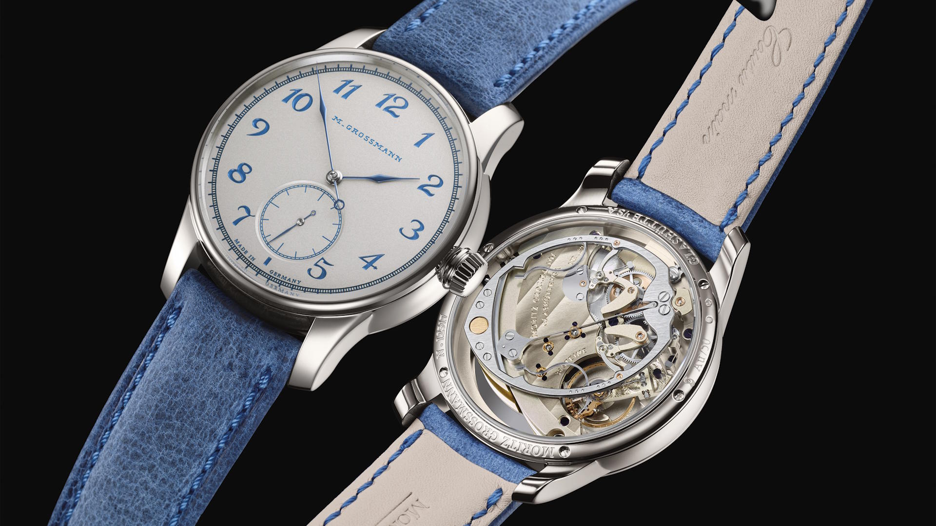 Die Sonderedition Hamatic Anreibeversilbert mit Weißgoldgehäuse ist auf 18 Stück limitiert und wird an einem blauen Armband aus Kudu-Leder getragen.