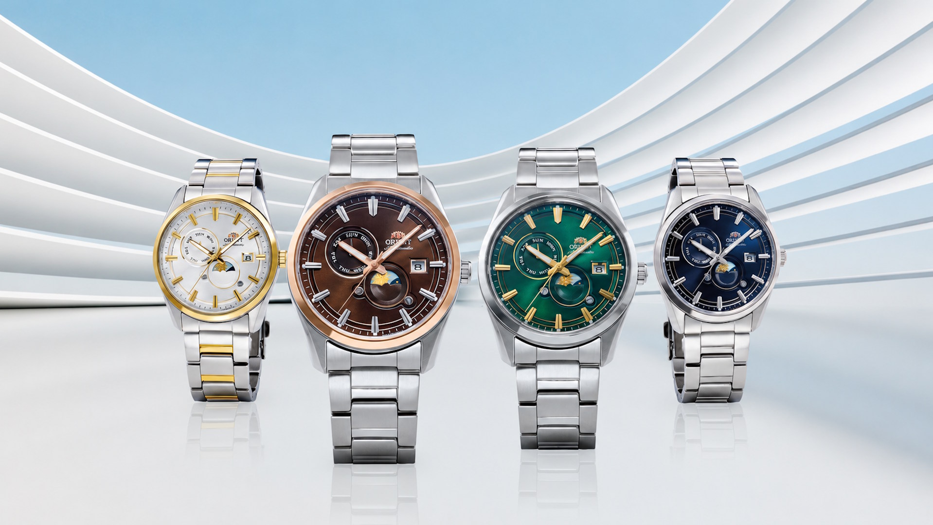 Orient Stretto Day & Night mit neuen Zifferblattfarben. Die mechanischen Armbanduhren besitzen ein 38,5 Millimeter großes Edelstahlgehäuse, Wochentagsanzeige, Tag-Nacht-Anzeige und das hauseigene Automatikkaliber F6B24.