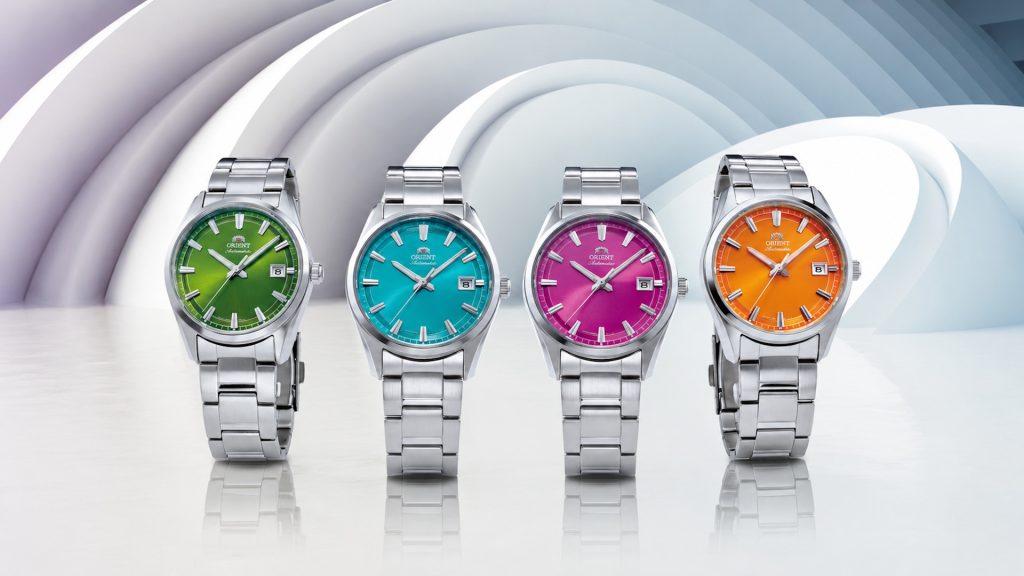 Die neuen Orient Stretto Modelle mit farbigen Zifferblättern in Grün, Blau, Pink, Orange und Türkis. Die mechanischen Armbanduhren verfügen über ein 38,5 Millimeter großes Edelstahlgehäuse, ein Automatikkaliber F6722 und einen Saphirglasboden.