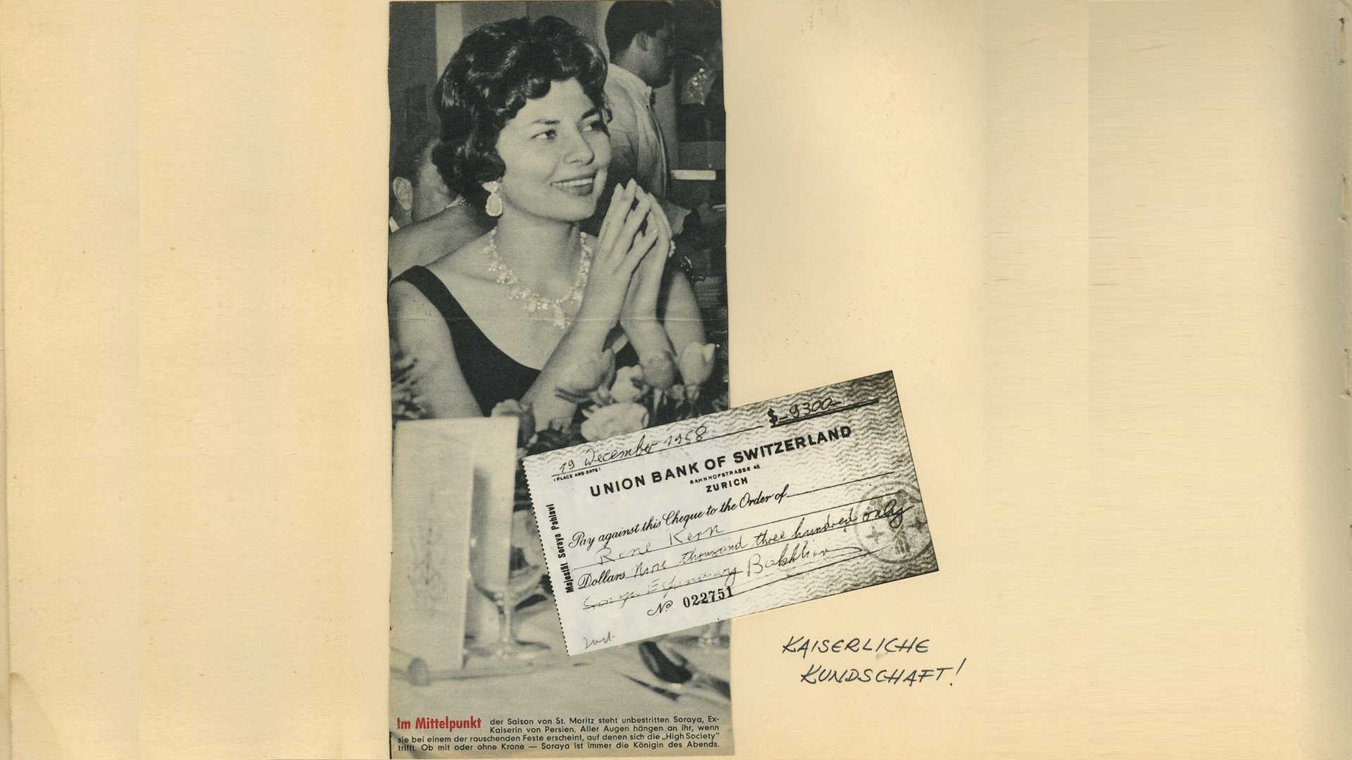 Zeitungsausschnitt und Scheckkopie aus dem Familienarchiv von Georges Kern dokumentieren den Schmuckkauf von Kaiserin Soraya im Jahr 1958.