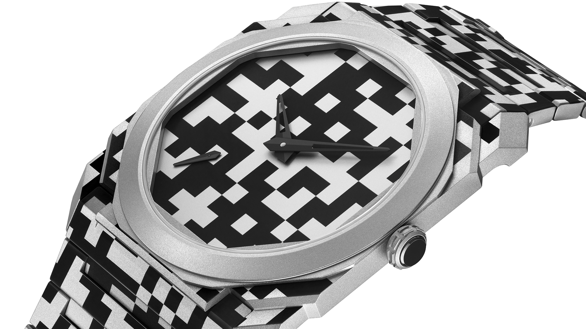 Bei der Bvlgari Octo Finissimo Dazzle werden das 40-Millimeter-Gehäuse, Zifferblatt und Armband aus Titan durch Lasergravuren optisch verfremdet. Für den Antrieb sorgt das ultraflache Automatik-Manufakturkaliber BVL 138 mit Mikrorotor.