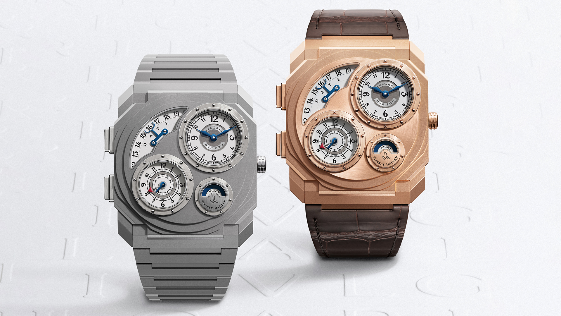 Die Bvlgari Octo Finissimo Dual Time × Vianney Halter zeigt zwei Zeitzonen und wurde gemeinsam mit dem namhaften Uhrmacher realisiert. Das limitierte Modell ist in Titan und Roségold erhältlich.