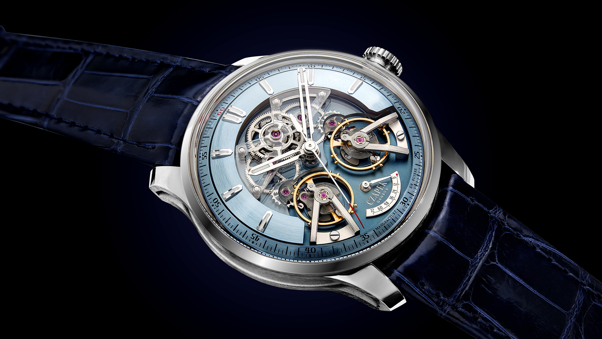 Die auf zehn Exemplare limitierte Czapek Place Vendôme Complicité Glacier Blue hat ein Platingehäuse mit Handaufzugskaliber.