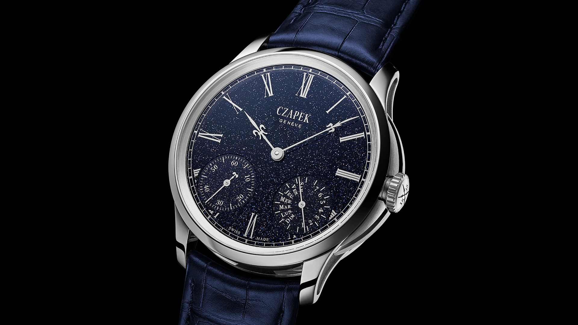 Quai des Bergues «Midnight in Geneva» von Czapek kombiniert ein 40,5 Millimeter großes Edelstahlgehäuse mit einem Zifferblatt aus tiefblauem Aventuringlas. Das Handaufzugskaliber SXH1 bietet sieben Tage Gangreserve; die Edition ist auf 18 Exemplare limitiert.