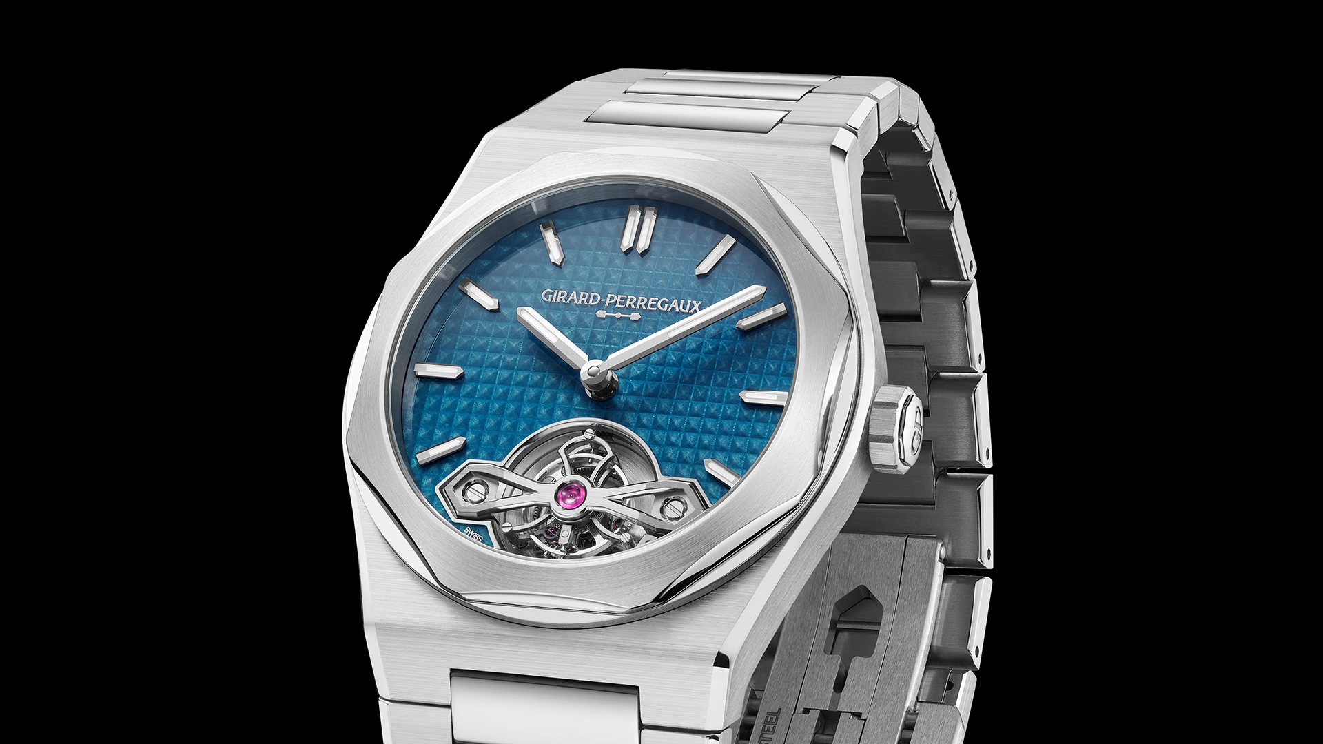 Girard-Perregaux präsentiert das Laureato Fifty Tourbillon Micro-Rotor 39 mm mit einem Edelstahlgehäuse und dem neuen Automatik-Manufakturkaliber GP8410 mit Tourbillon, Mikrorotor und 72 Stunden Gangreserve