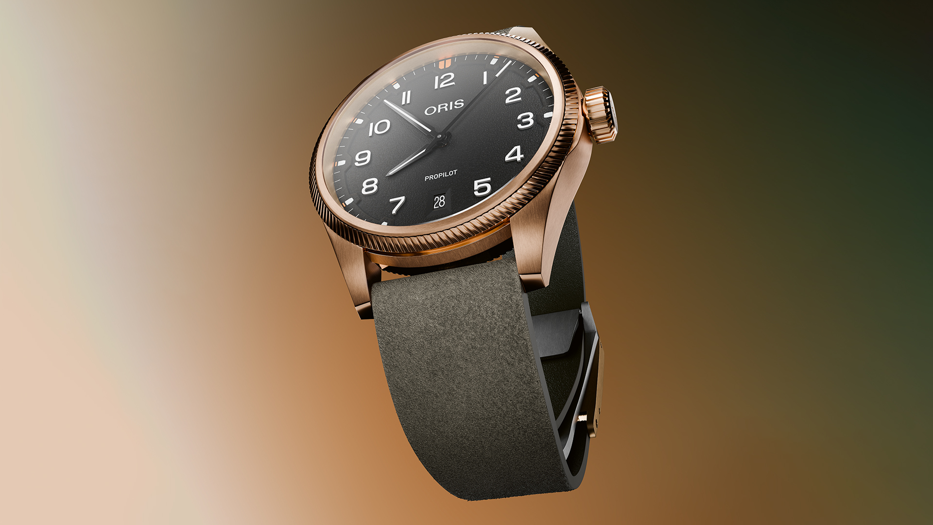 Das 41-Millimeter-Gehäuse der ProPilot Bronze von Oris entwickelt im Lauf der Zeit eine individuelle Patina.