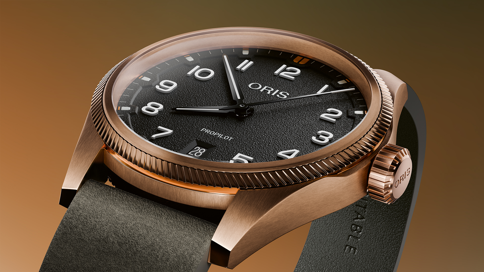 In der ProPilot Bronze von Oris arbeitet das Automatikwerk Oris 733 mit Datumsanzeige und 41 Stunden Gangreserve.