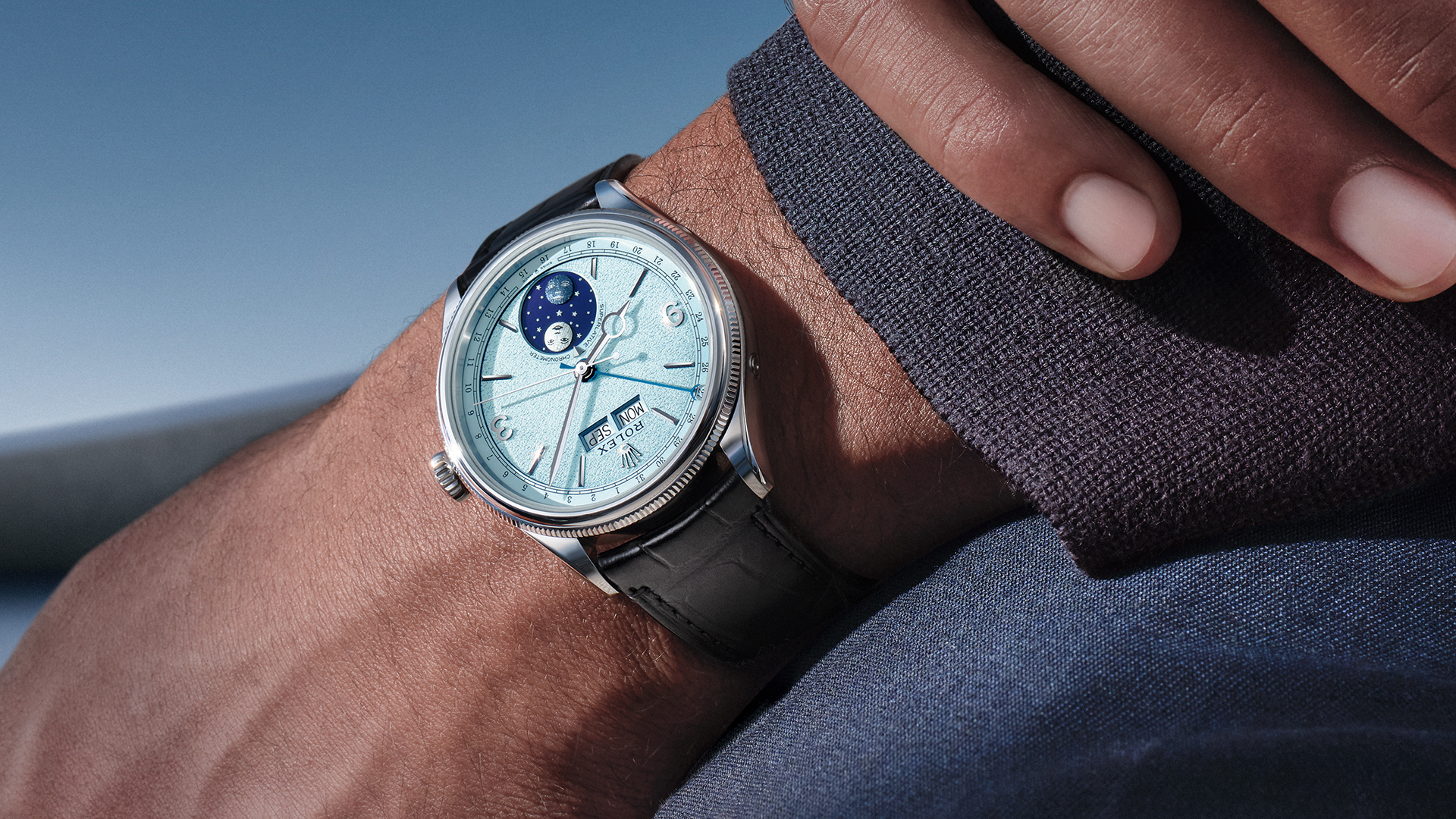 Platinvariante der Rolex Perpatual Padellone mit Lederband