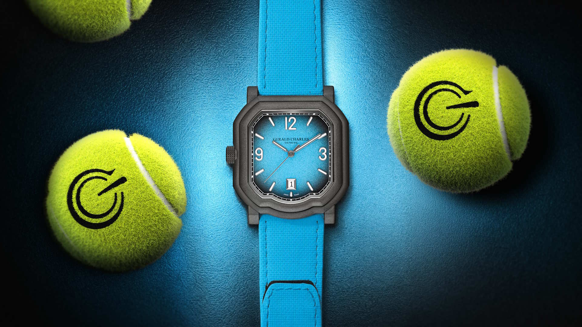Sportlich in Türkis: Die auf 100 Exemplare limitierte Maestro GC Sport Tennis Light Turquoise von Gerald Charles besitzt ein besonders leichtes Titangehäuse mit Darkblast-Finish und ein ultraflaches Automatik-Manufakturkaliber mit 50 Stunden Gangreserve.