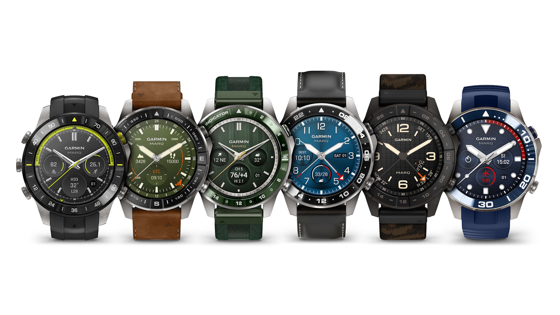 Die dritte Generation der Garmin MARQ-Kollektion umfasst sechs Modelle für unterschiedliche Einsatzbereiche. Von links: Athlete, Adventurer, Golfer, Aviator, Commander und die erstmals vorgestellte Diver.