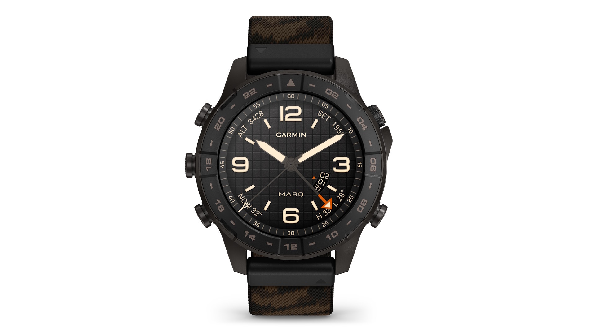 Die MARQ Commander gehört nun auch zur regulären Titankollektion. Ihr mattschwarz DLC-beschichtetes Gehäuse, die Keramiklünette und das Jacquard-Armband im Tarnmuster unterstreichen den taktischen Charakter.