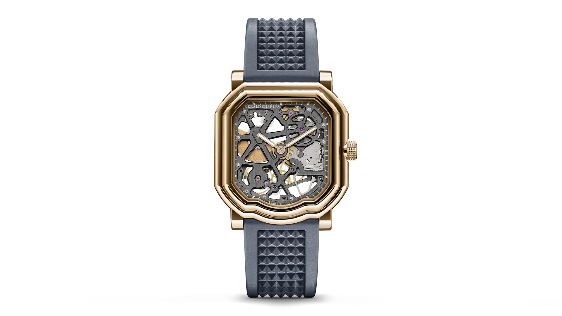 Einblick in die Mechanik: Die Maestro 8.0 Squelette von Gerald Charles kombiniert ein Gehäuse aus Roségold mit einem skelettierten Automatik-Manufakturkaliber, das über einen dezentrierten Mikrorotor aus Roségold verfügt.