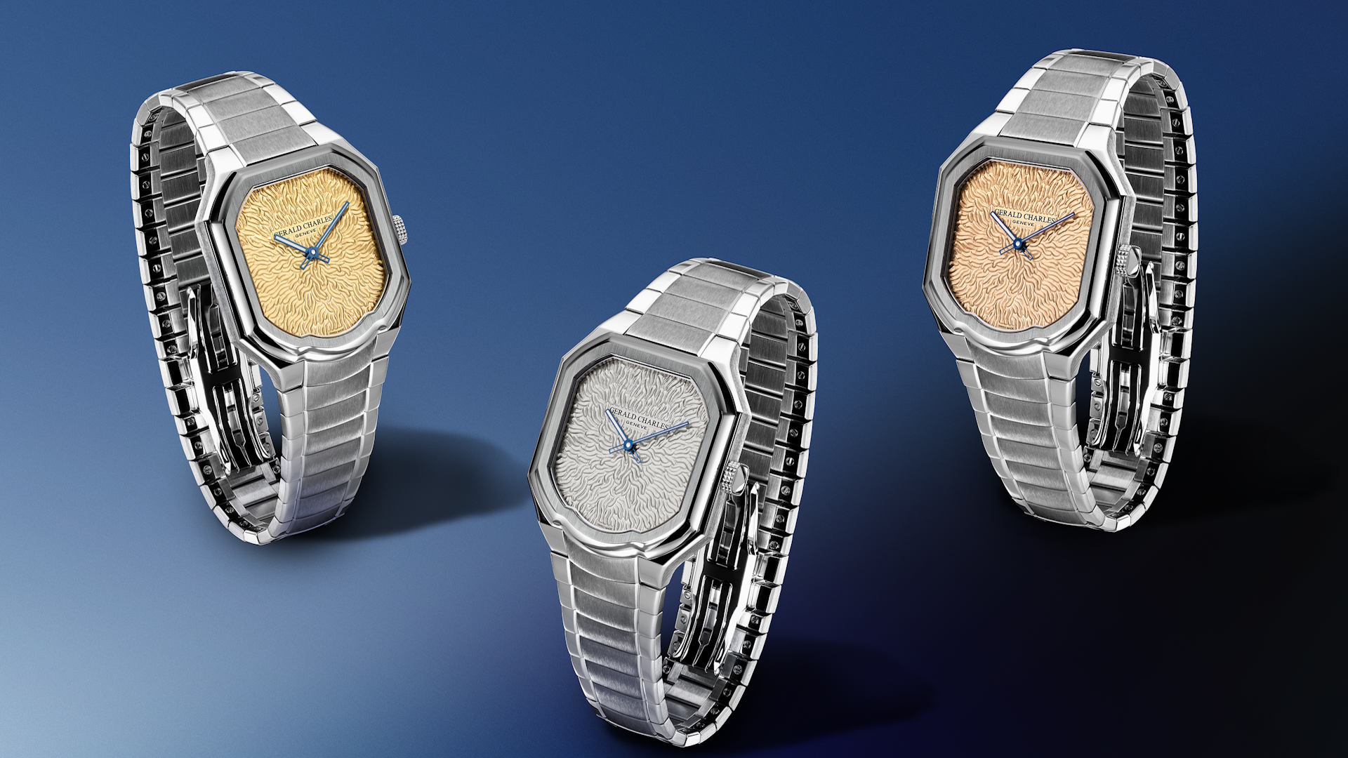 Drei Varianten, jeweils auf 25 Exemplare limitiert: Die 2026 vorgestellte Masterlink Atelier Edition von Gerald Charles besitzt handgehämmerte Zifferblätter aus Neusilber in Golden Yellow, Rhodium oder Golden Rose. Im Edelstahlgehäuse arbeitet ein ultraflaches Automatikkaliber mit Mikrorotor.