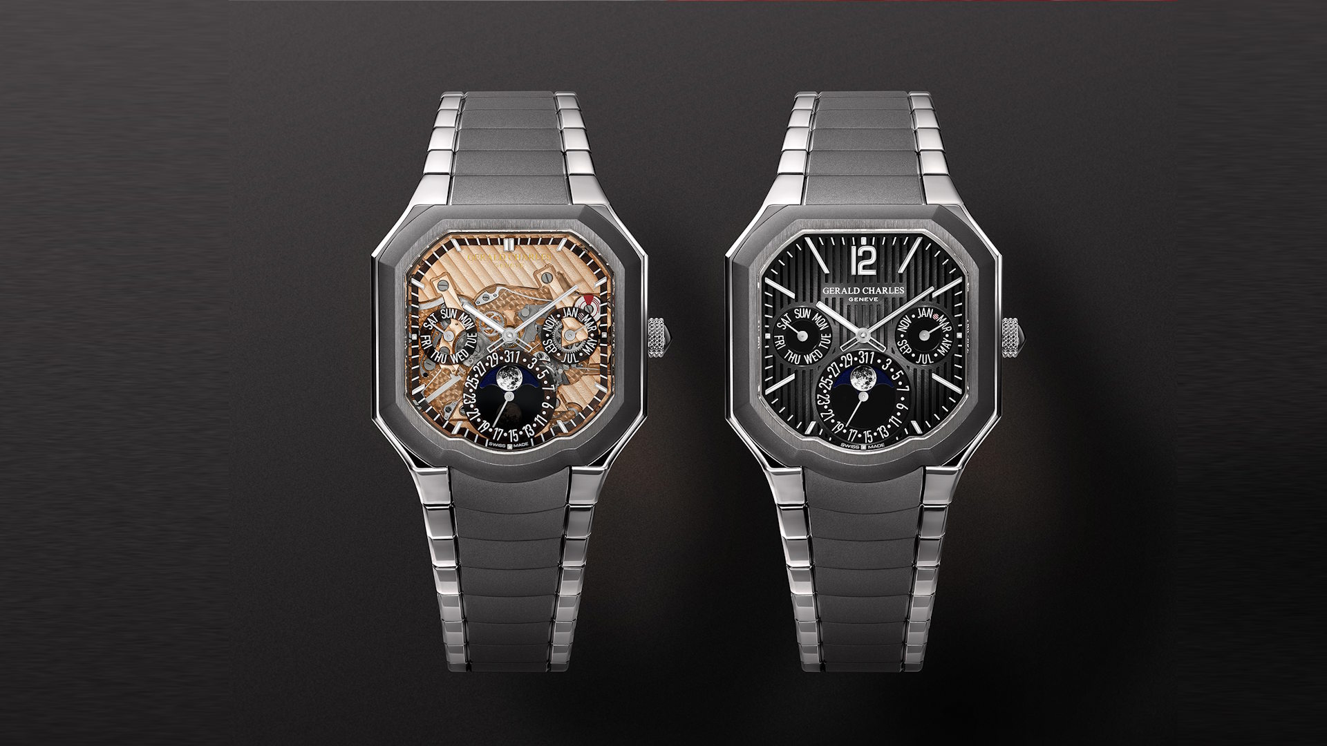 Komplizierte Uhrmacherkunst: Links Masterlink Perpetual Calendar Sapphire Dial von Gerald Charles mit Titangehäuse und transparentem Zifferblatt. Rechts Masterlink Perpetual Calendar Fumé Dial von Gerald Charles, ebenfalls mit Titangehäuse. Das eigens entwickelte Automatikkaliber mit Mikrorotor steuert einen ewigen Kalender mit Mondphasenanzeige.